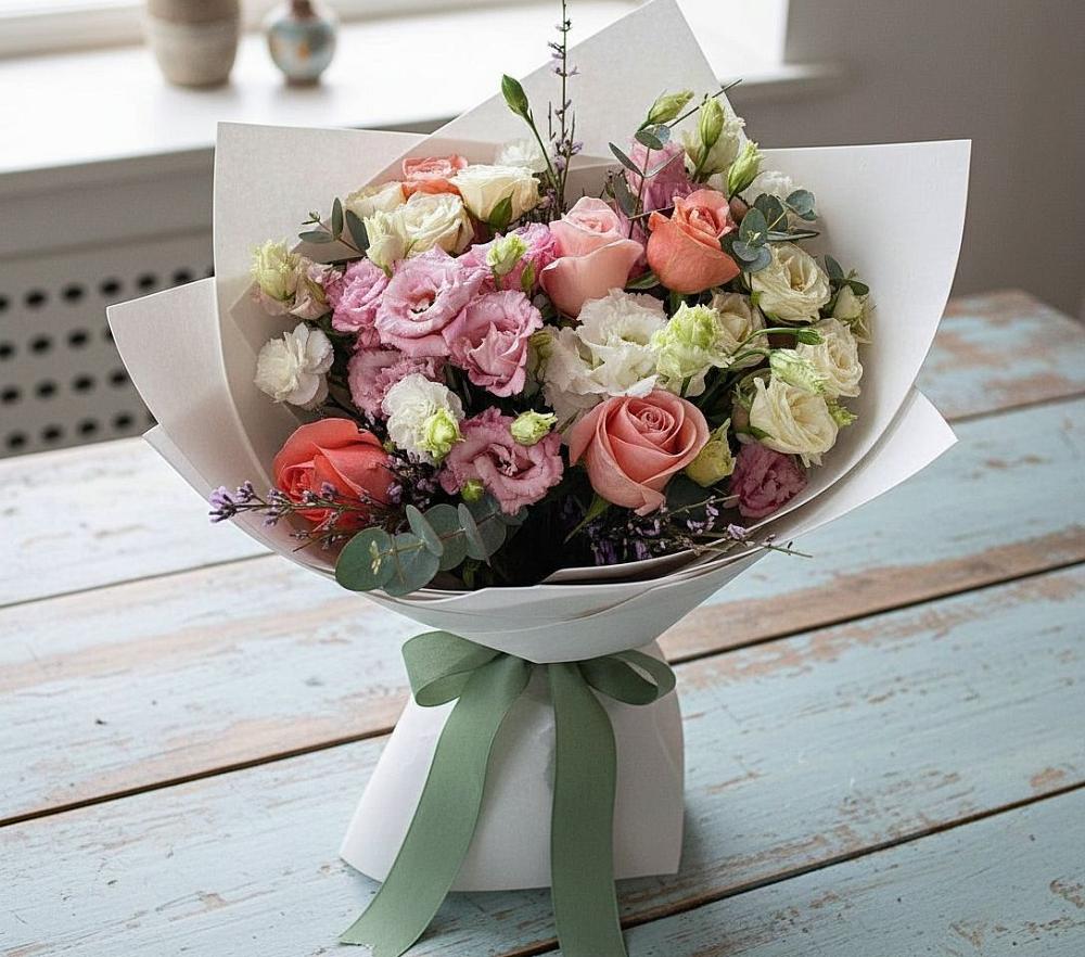 Букет цветов из: Розы, Лизиантусы и Гвоздики в Демидове