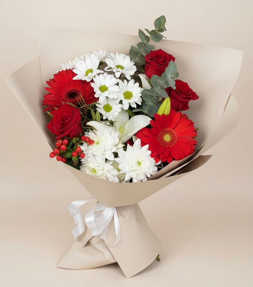Букет цветов из: Розы, Хризантемы, Герберы и Лилии в Демидове