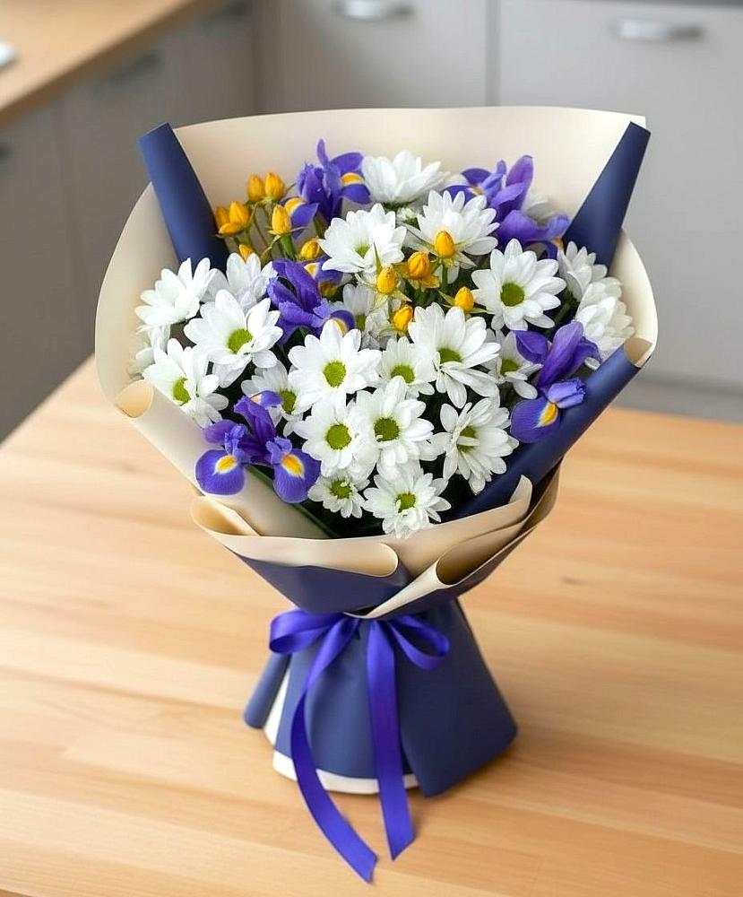 Букет цветов из: Розы, Ирисы и Хризантемы в Демидове