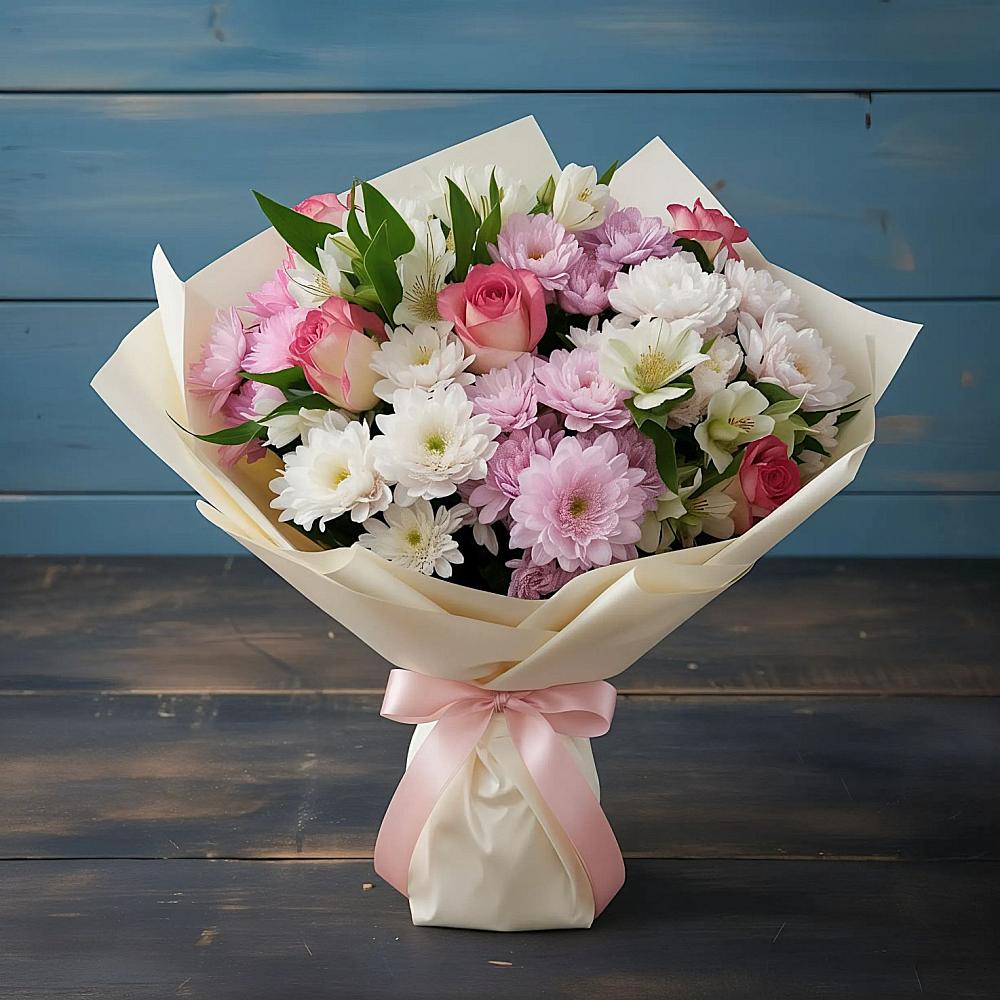 Букет цветов из: Хризантемы, Альстромерии и Розы в Демидове